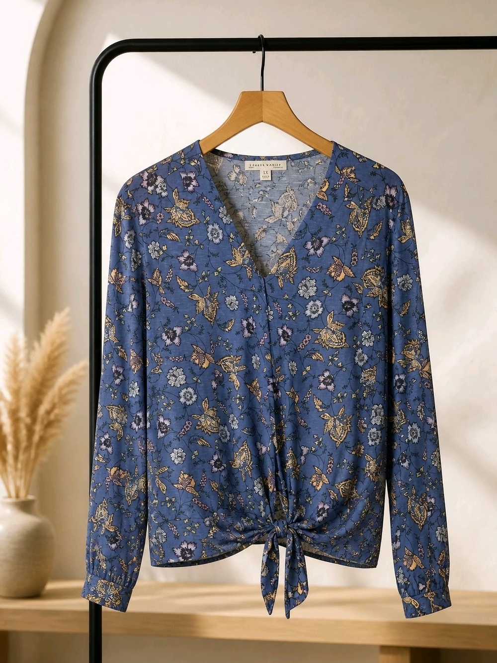 Womens Blue Floral Tie-Front V-Neck Blouse
